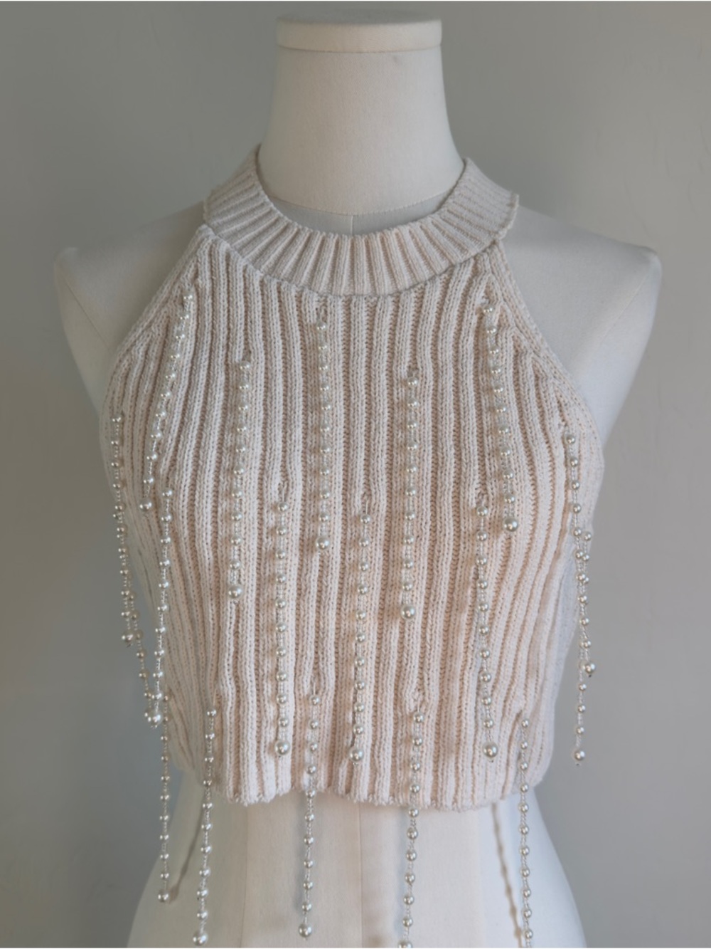 Zara Cream Ribbed Halter Crop Top with Beaded Fringe